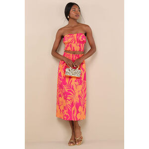 Lulus Luana Pink And Orange Floral High-rise Midi Skirt - Size S